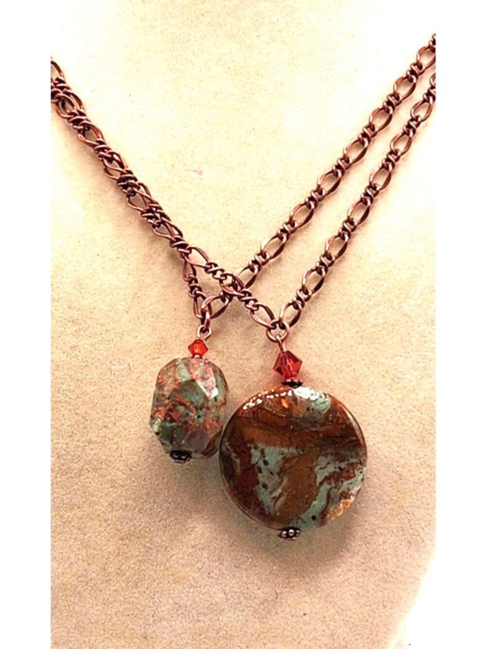 Copper Necklace With Red & Green Faux Jasper Stone Pendants Double Chain Design